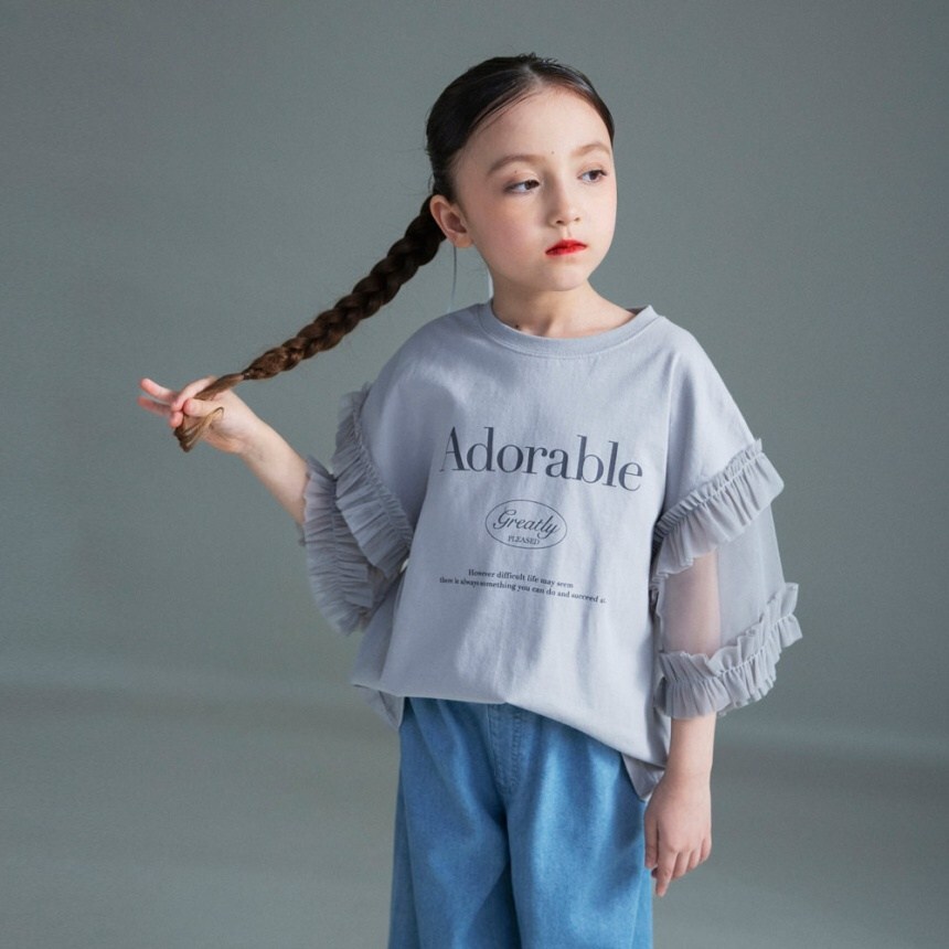 日本 100-150 透膚荷葉短袖上衣 2色