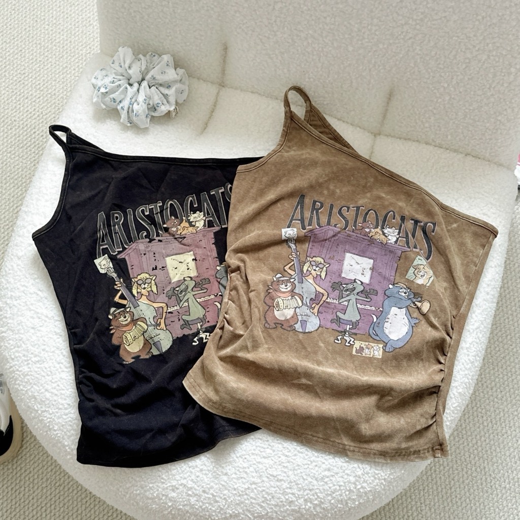 卡通印花做舊斜肩上衣 (2colors) 60212#