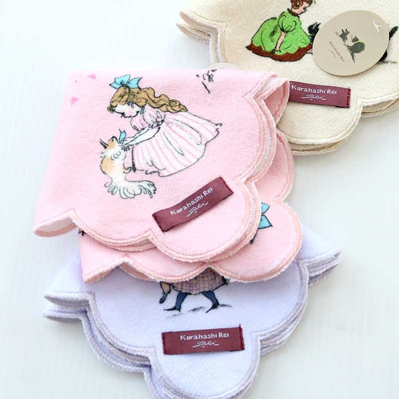 黑貓與女孩 繪本女孩 花邊 純棉小手帕｜日本Kurahashirei