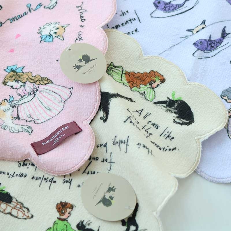 黑貓與女孩 繪本女孩 花邊 純棉小手帕｜日本Kurahashirei