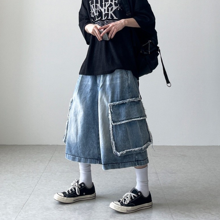 刷白抽鬚口袋牛仔短褲 80933