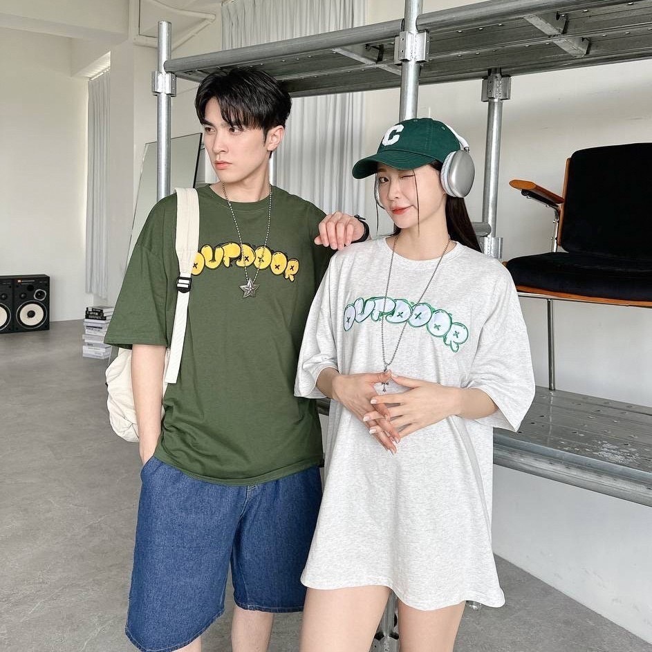 out door 泡泡字 刺繡 露營寬鬆短tee 80633