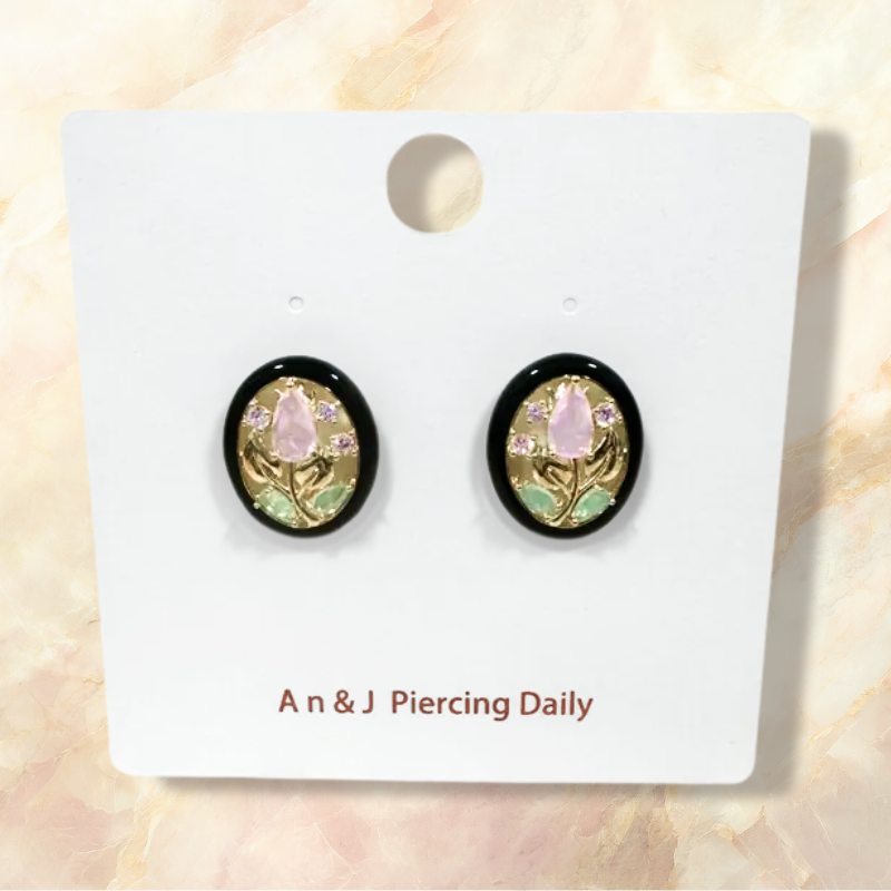 韓國直送-銀針 黑橢圓框中 粉水滴鋯鬱金香+淡綠鋯葉 鍍14K