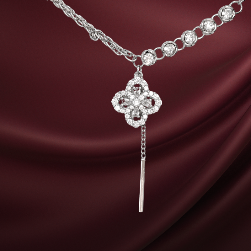 韓國直送項鍊 五連白鋯拼接鍊_吊線鋯海棠花型垂一字墜