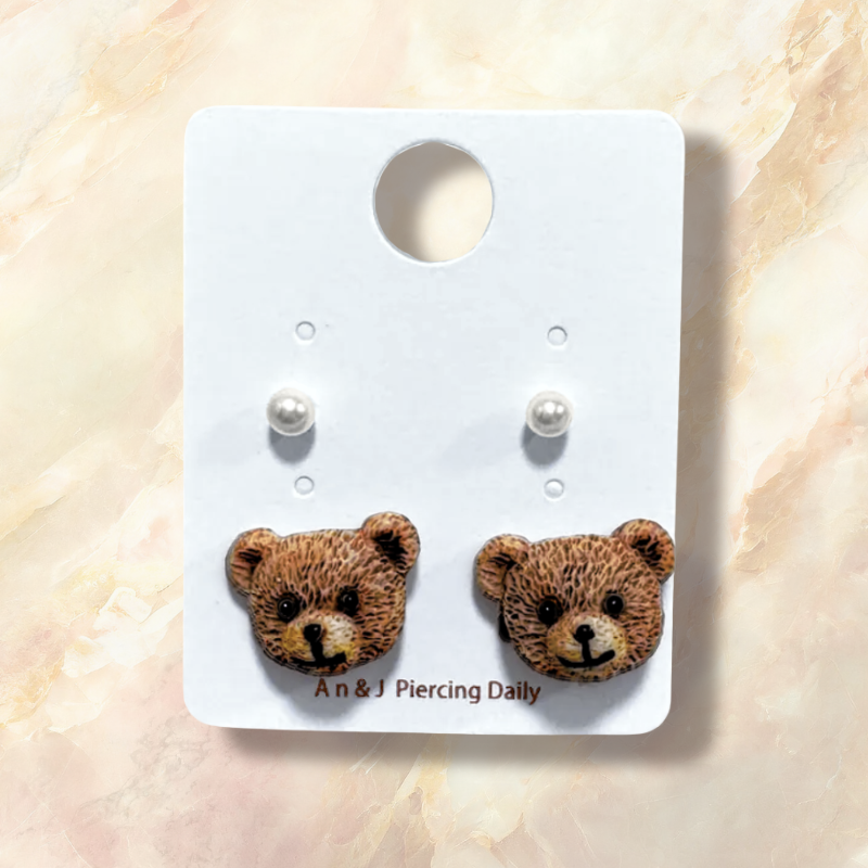 合金鋼針-珍珠耳扣下小熊頭