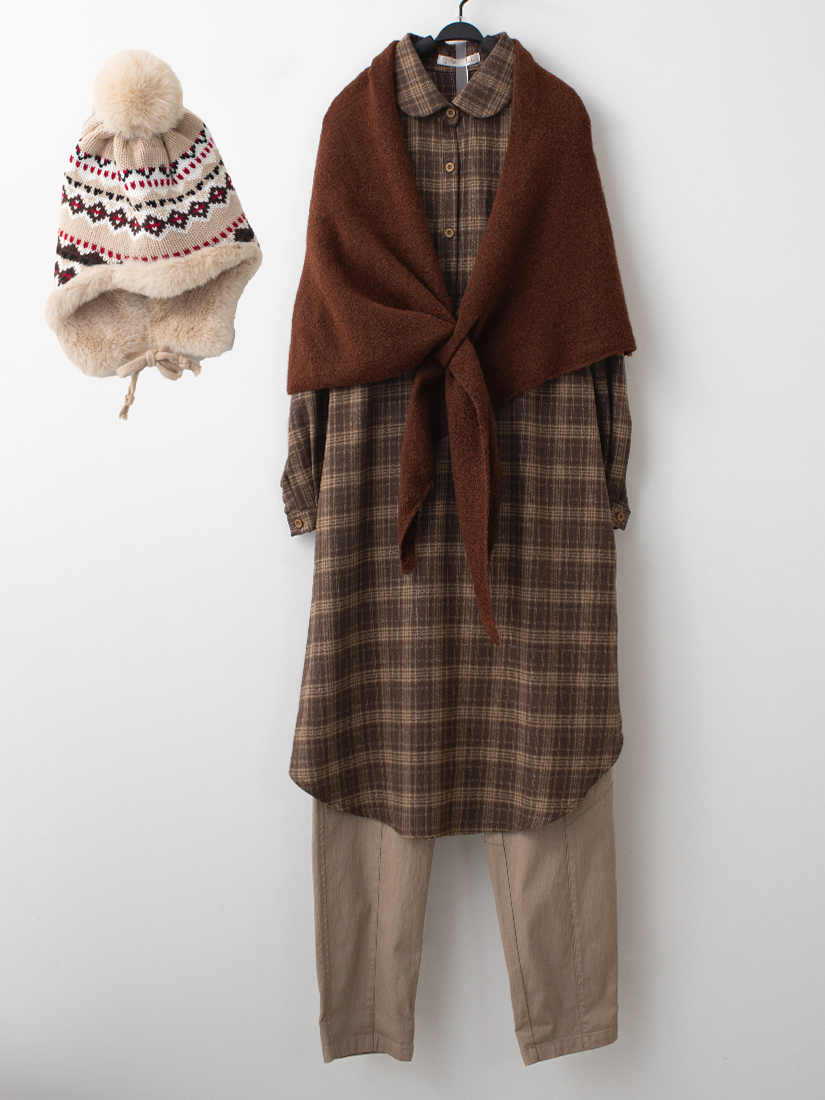 法蘭絨格紋洋裝貓咪口袋竹節棉牛仔九分褲