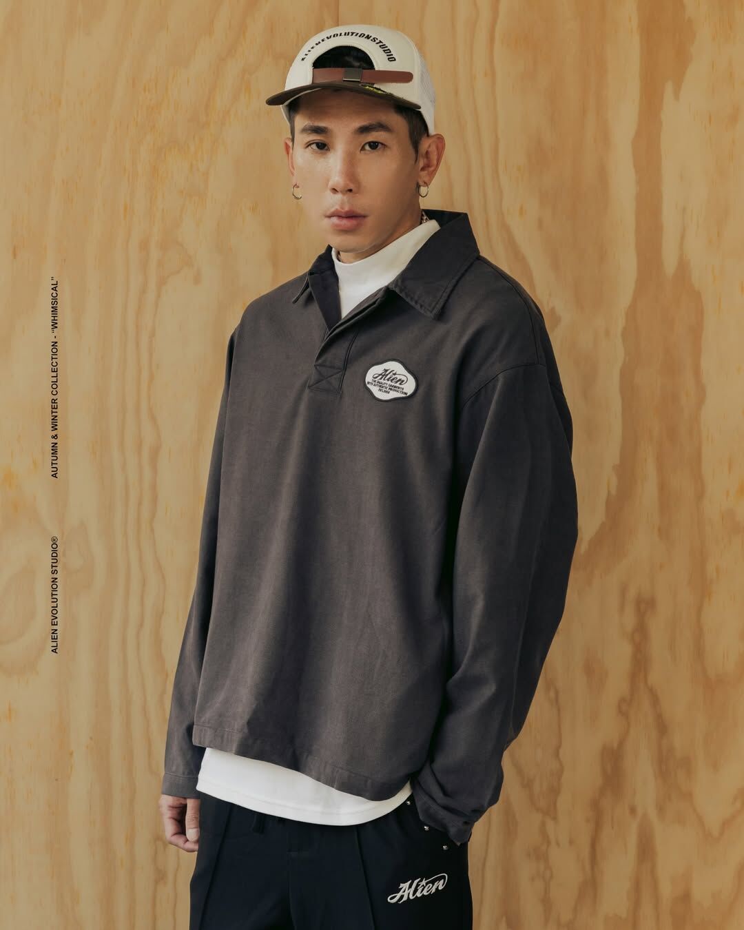 【車庫服飾】AES ALIEN STAR APPLIQUÉ WASHED LONG-SLEEVE POLO SHIRT