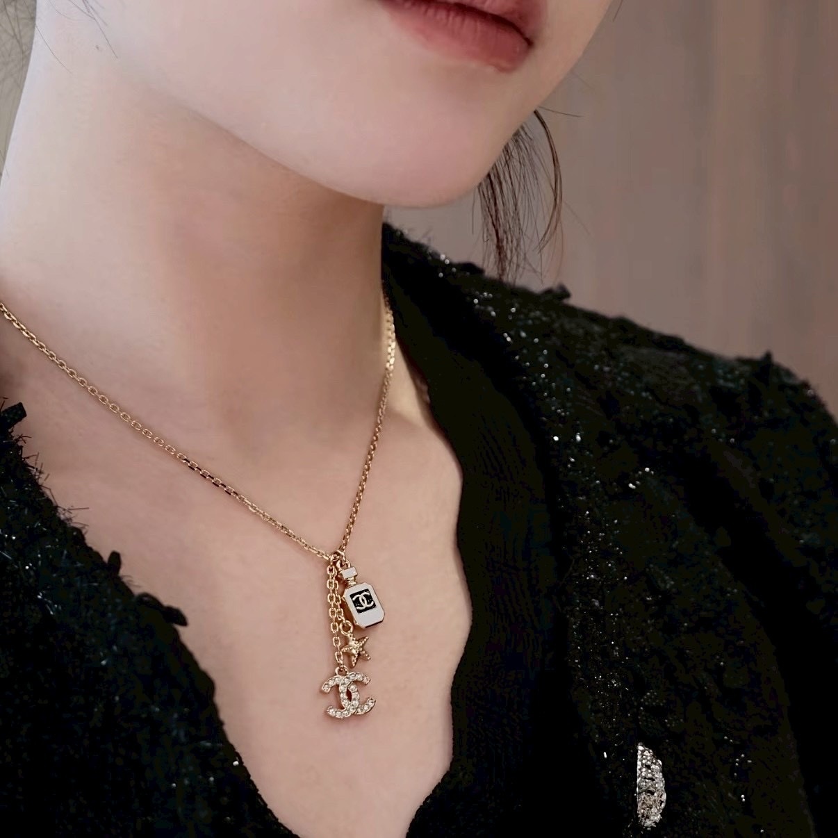 18k 香奶奶25c”mini香水瓶海星金鑽雙c流蘇項鍊/高奢定製款