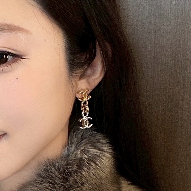 18k 香奶奶26p”金銀拼色雙c鏈條長墜耳釘/高奢定製