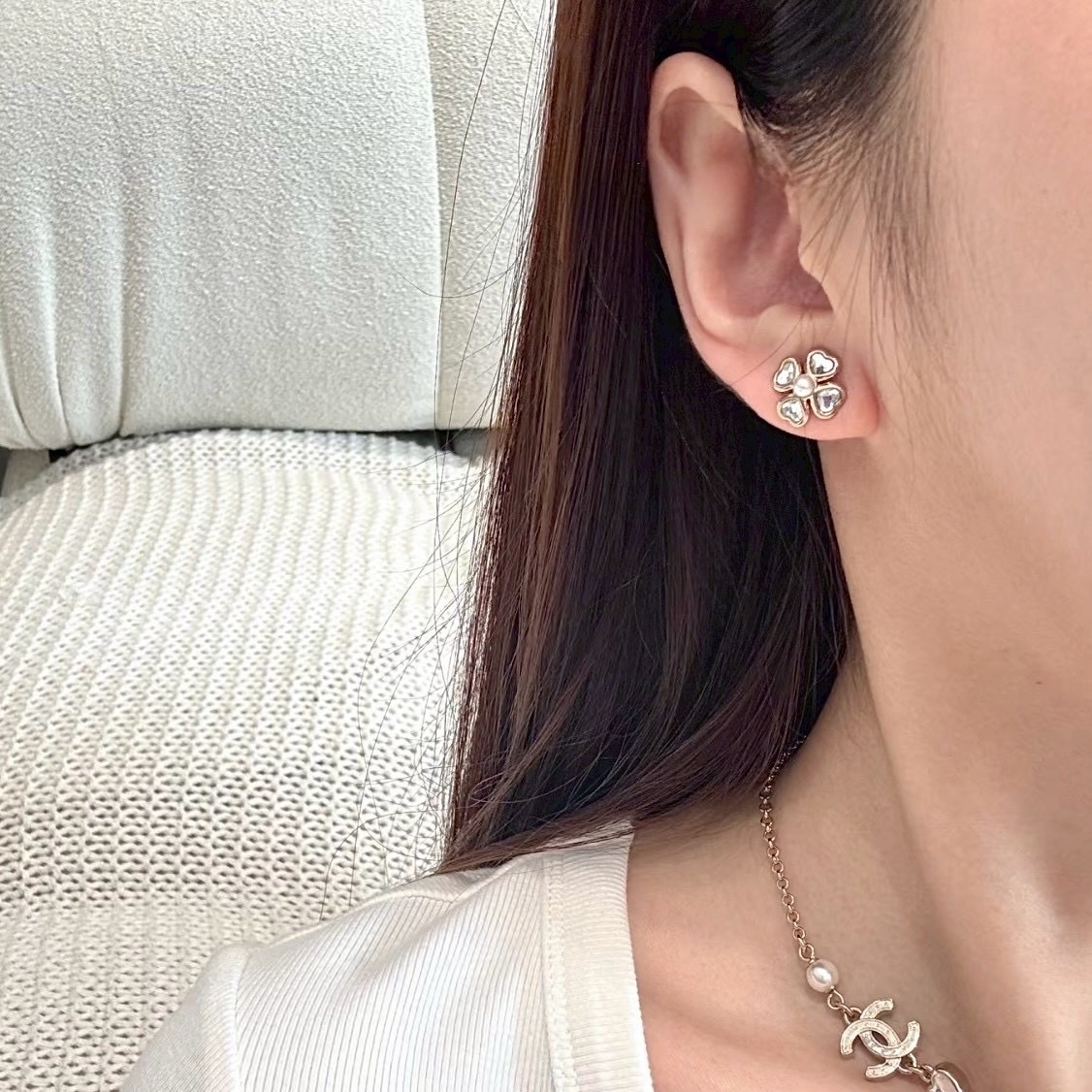 18k 香奶奶26c”淡金四葉草星空鑽三件組高奢定製耳釘