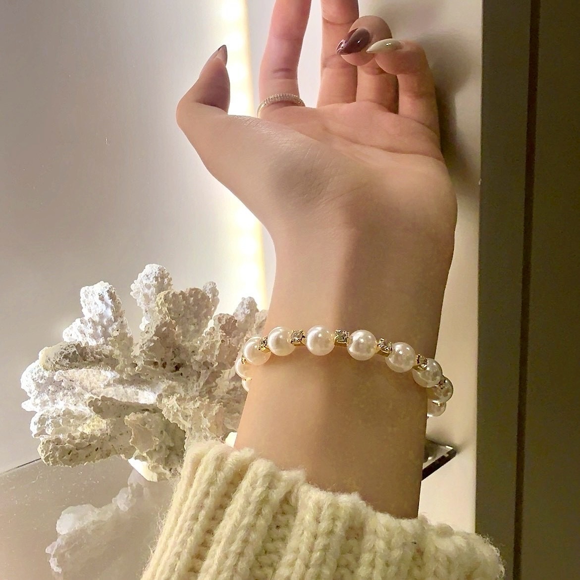 Gy”Mellow高級溫柔珍珠鑽彈性開口手鐲