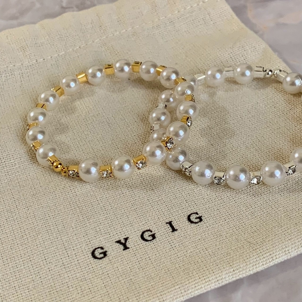 Gy”Mellow高級溫柔珍珠鑽彈性開口手鐲