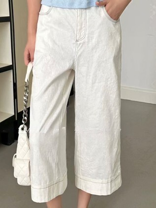 A40 G528924712 - 米白色高腰直筒七分褲