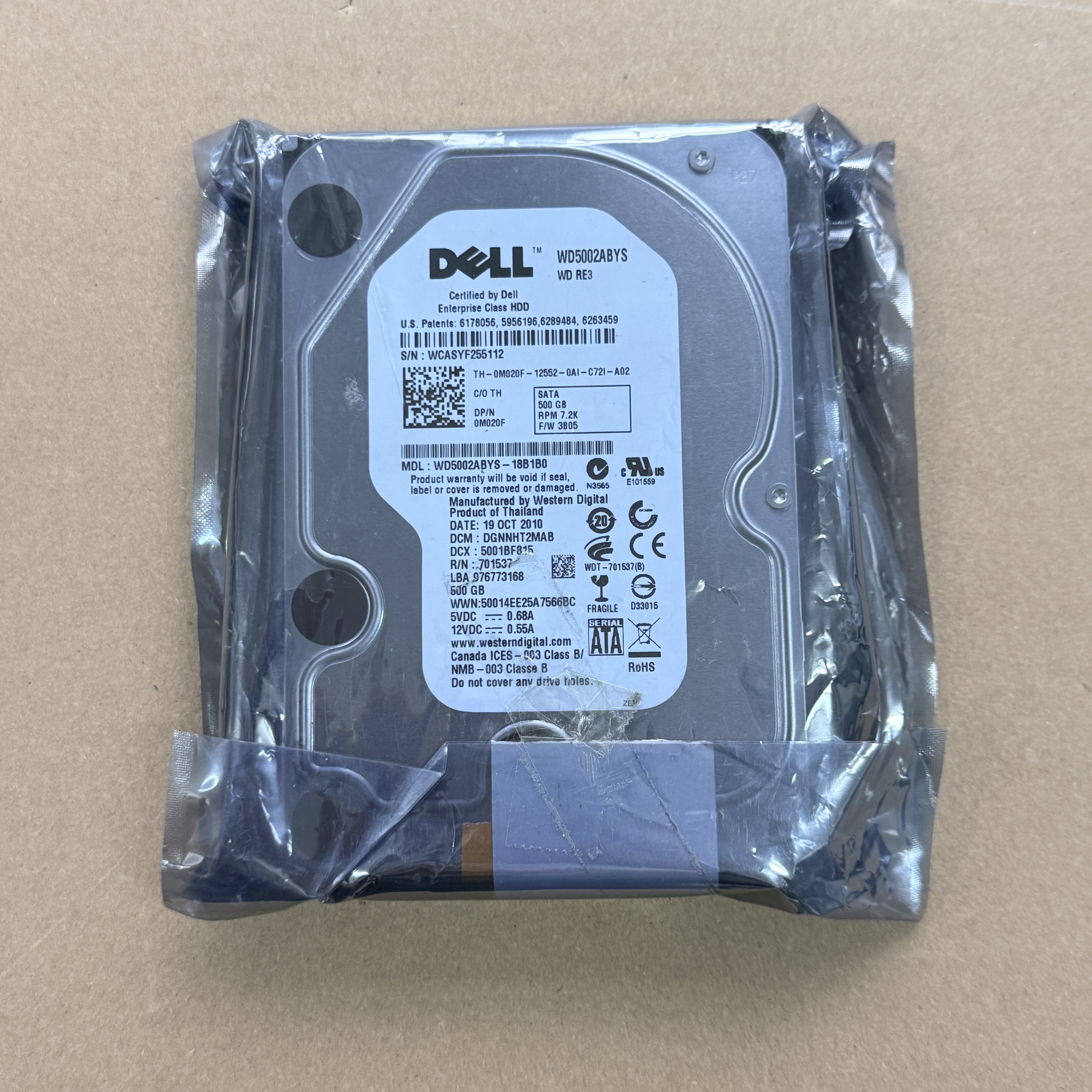 M020F DELL 500GB 7,200 RPM SATA 3.5" HARD DRIVE (翻新)