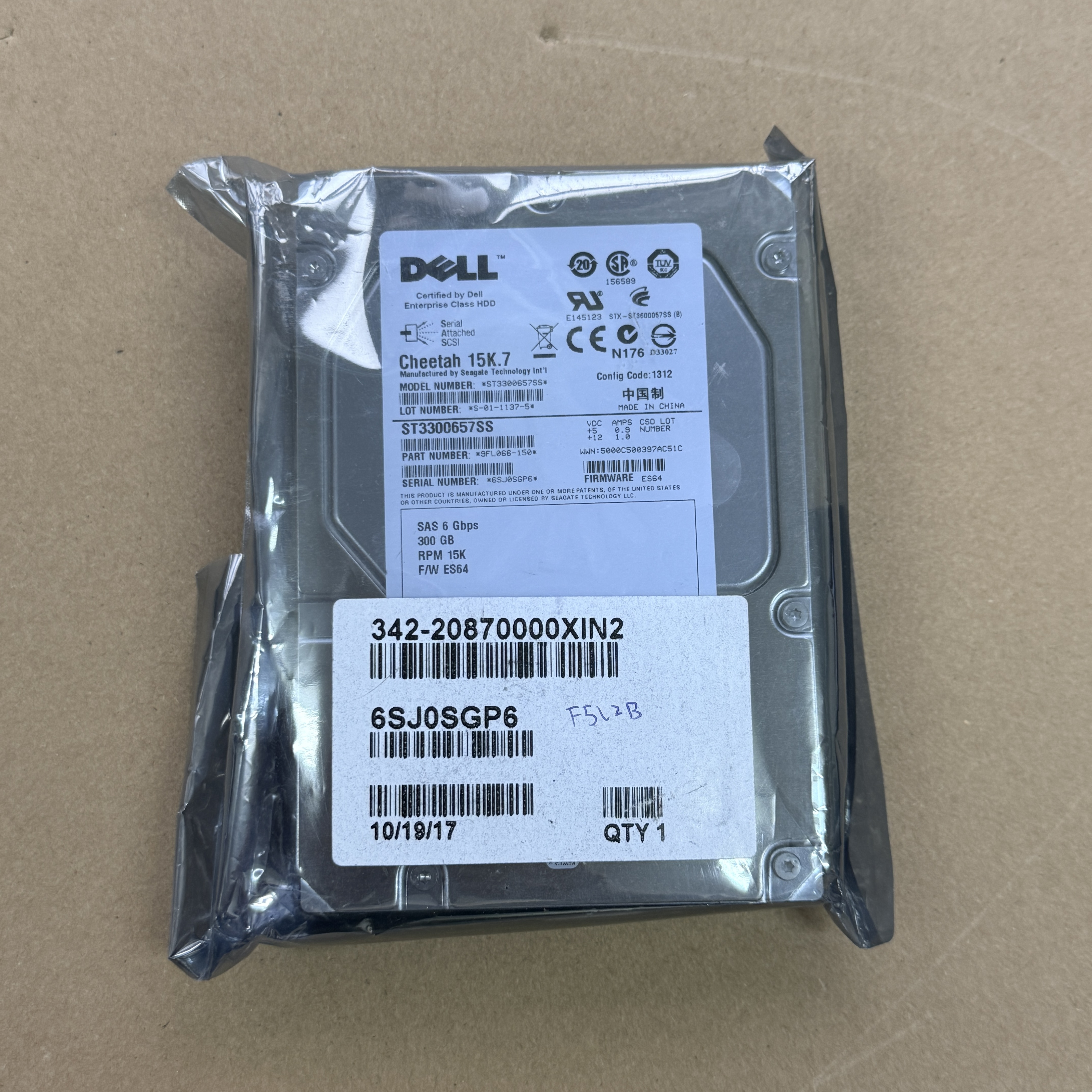 342-2087 DELL 300GB 15K 3.5 6G SAS HARD DRIVE (翻新)