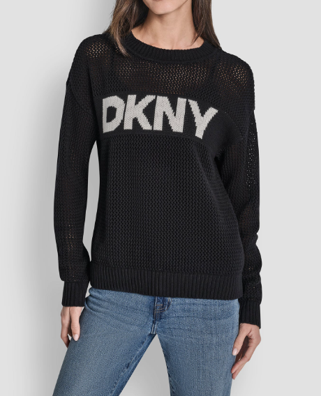 [S] DKNY BLACK/IVORY CREW NECK POINTELLE LOGO SWEATER, DJ6R0996-BLI (SD1759)