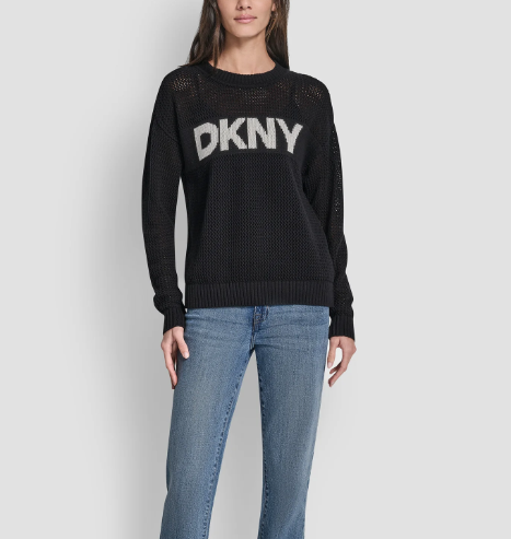 [S] DKNY BLACK/IVORY CREW NECK POINTELLE LOGO SWEATER, DJ6R0996-BLI (SD1759)