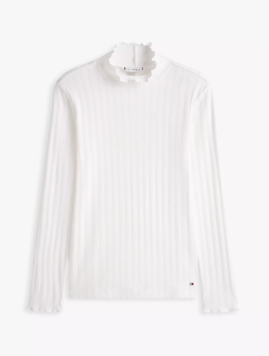 [S] TOMMY HILFIGER ECRU LETTUCE-TRIM POINTELLE TURTLENECK T-SHIRT, XW06800-650 (STH1559)