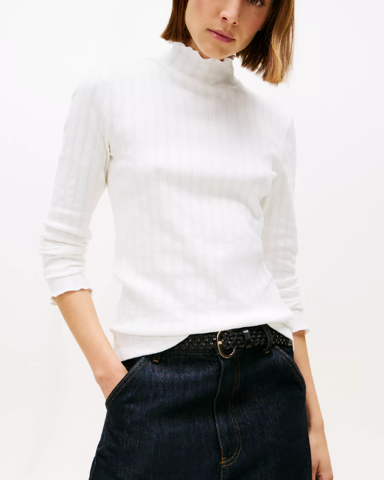 [S] TOMMY HILFIGER ECRU LETTUCE-TRIM POINTELLE TURTLENECK T-SHIRT, XW06800-650 (STH1559)