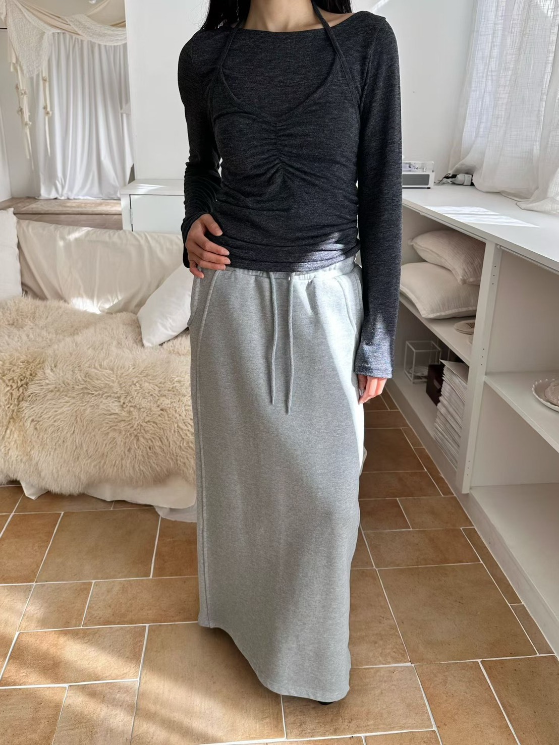 休閒鬆緊綿長裙