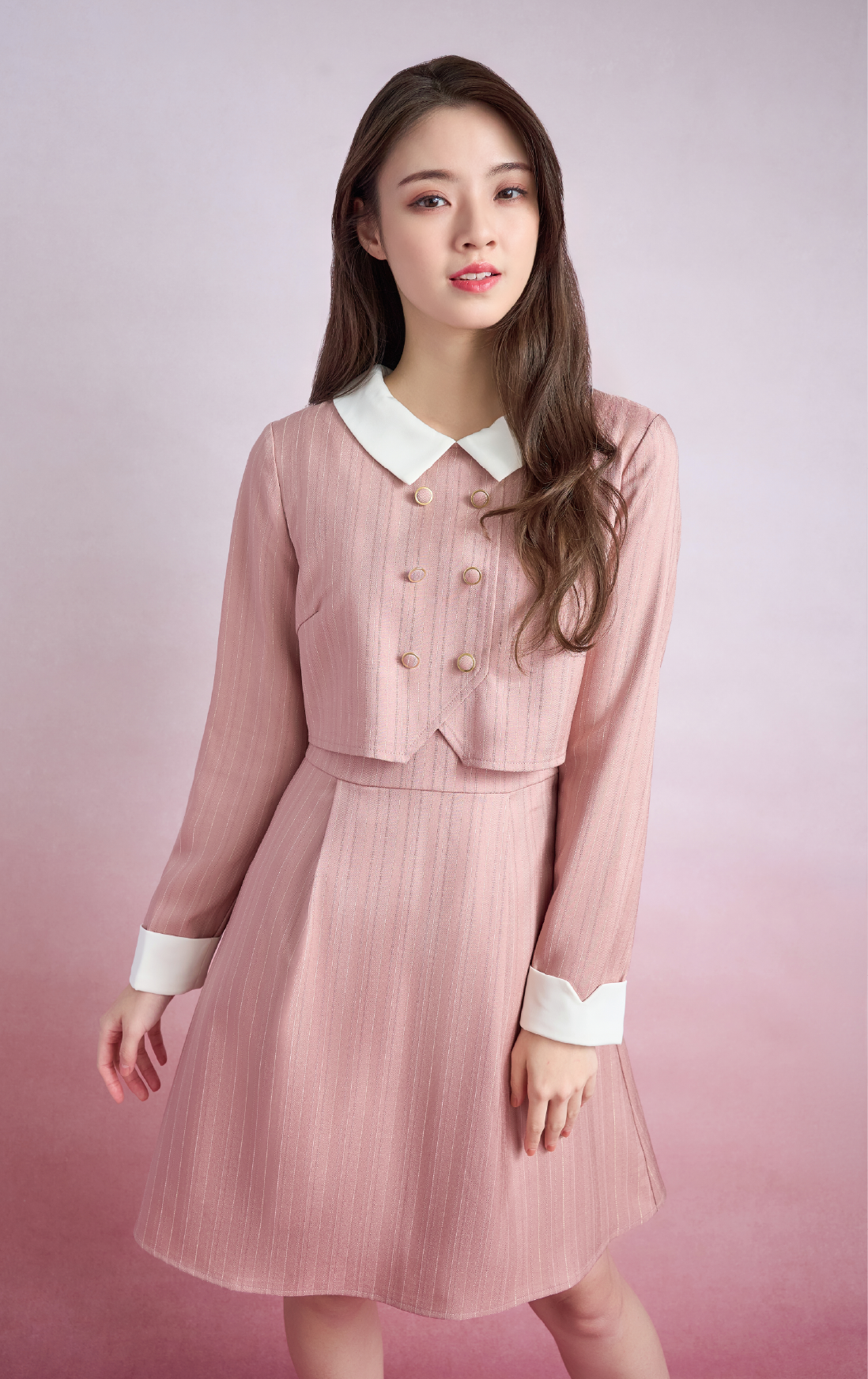 條紋雙排釦連身裙 OP0599