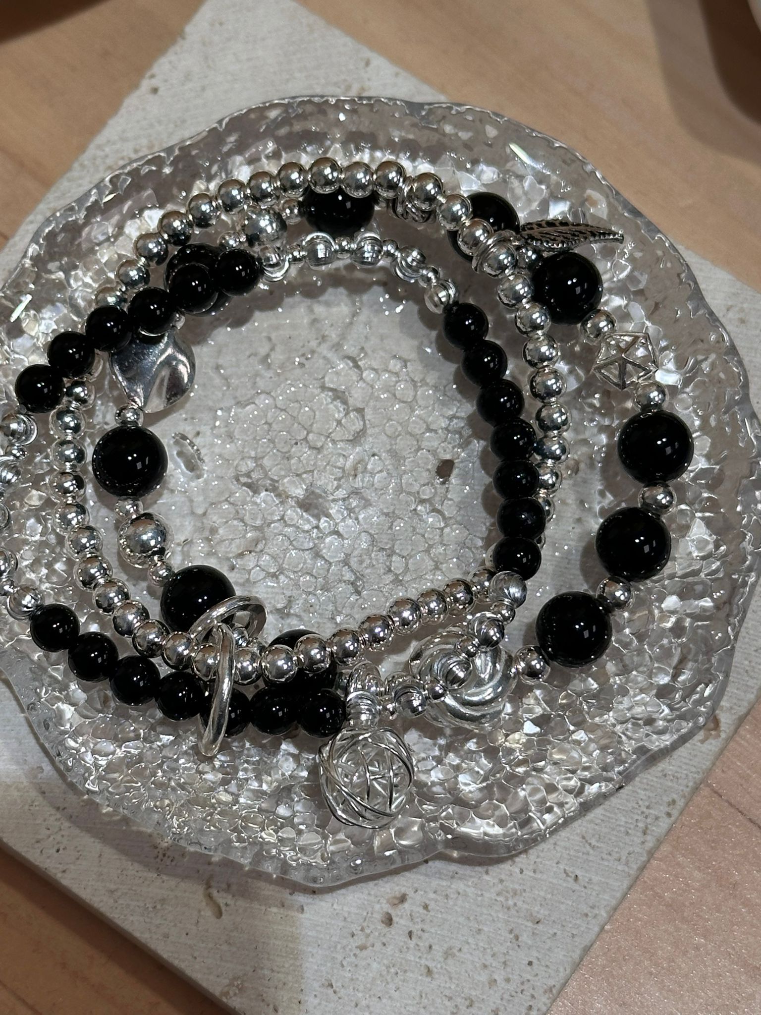 SL13190/黑瑪瑙三圈粒粒正925手鏈27.4g