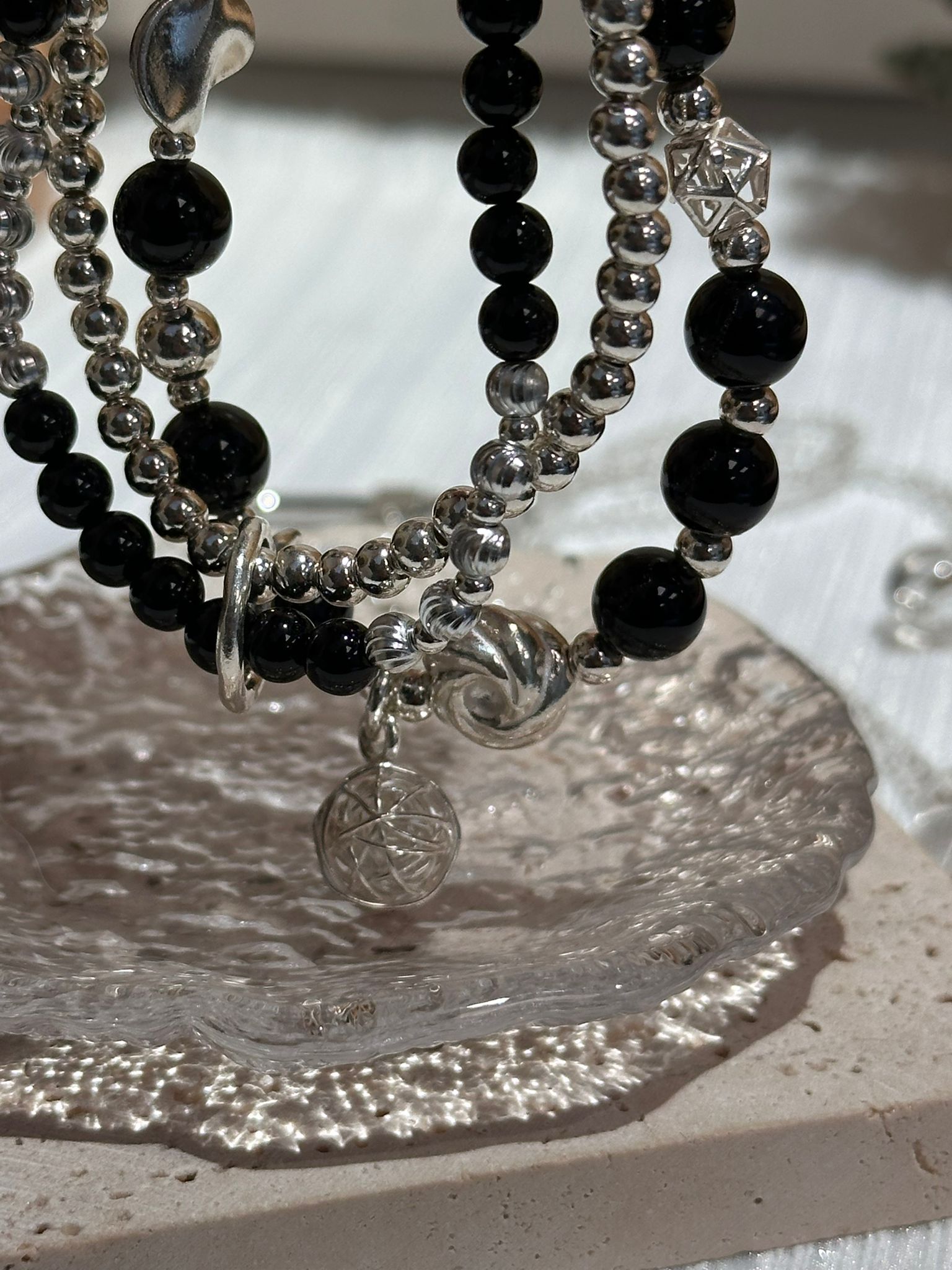 SL13190/黑瑪瑙三圈粒粒正925手鏈27.4g