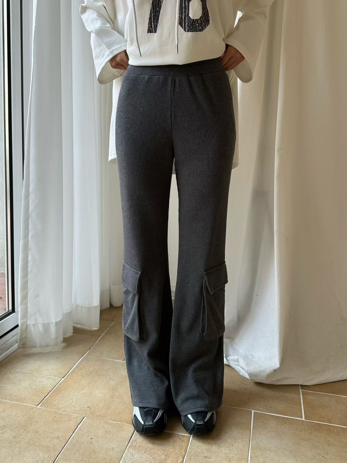 口袋坑條鬆緊棉長褲