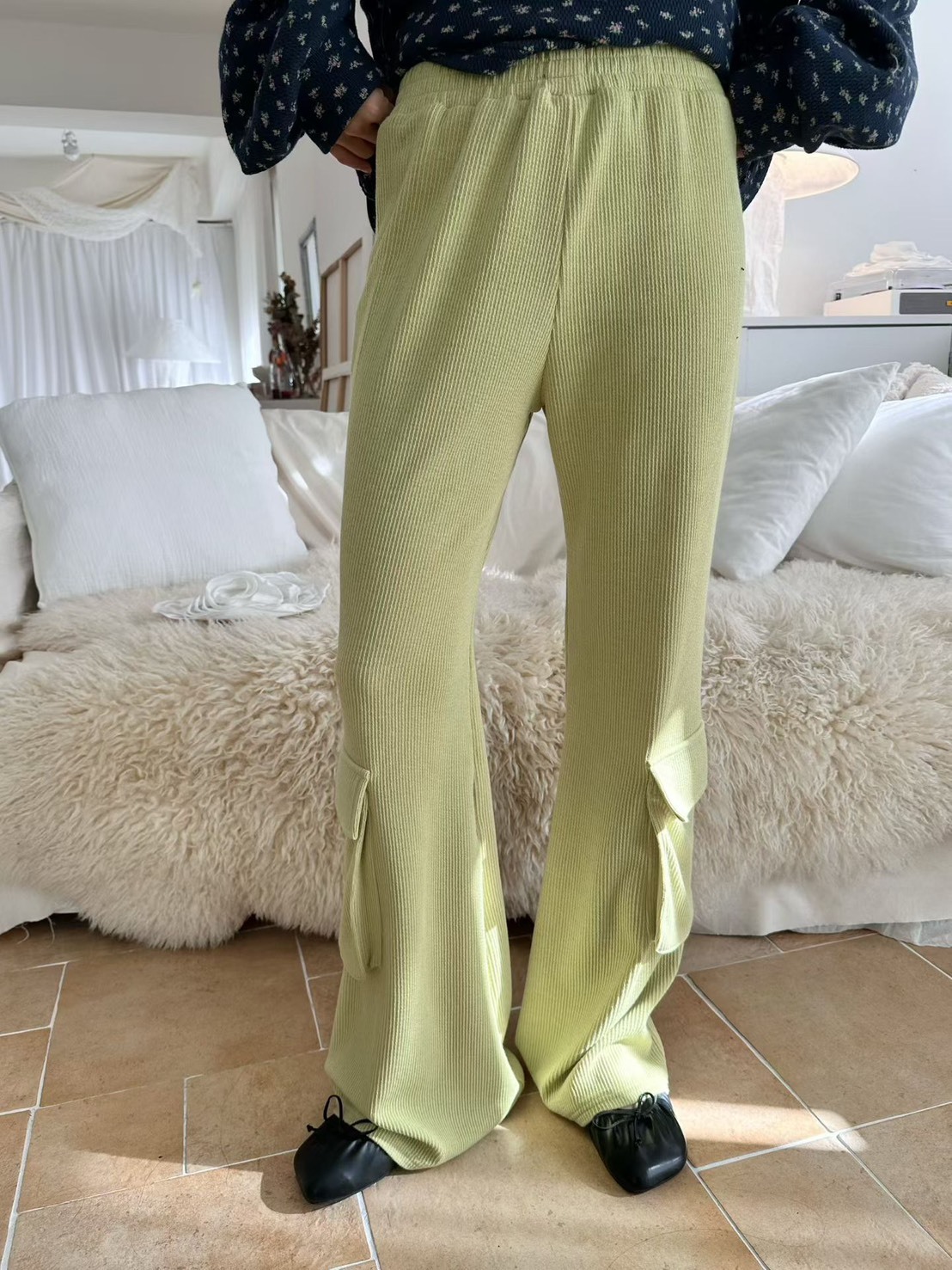 口袋坑條鬆緊棉長褲