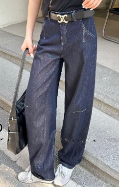 A48b D512823542 明線口袋設計高腰牛仔褲 - 藍色