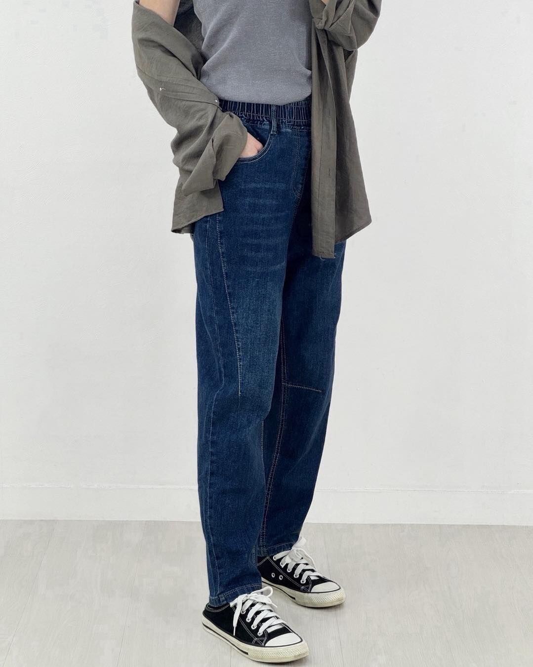 【休閒百搭的彈性腰圍9分修飾牛仔褲】（現貨）