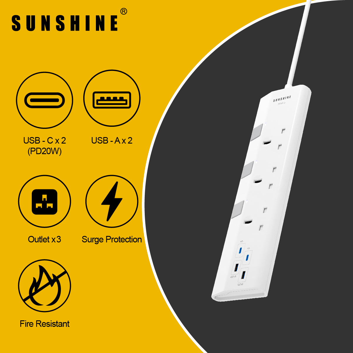 PD20W快充 13A獨立提示燈開關拖板+USB 2C2A充電位 (連3米線) (ESUF)