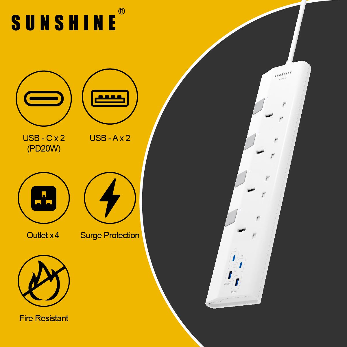 PD20W快充 13A獨立提示燈開關拖板+USB 2C2A充電位 (連3米線) (ESUF)