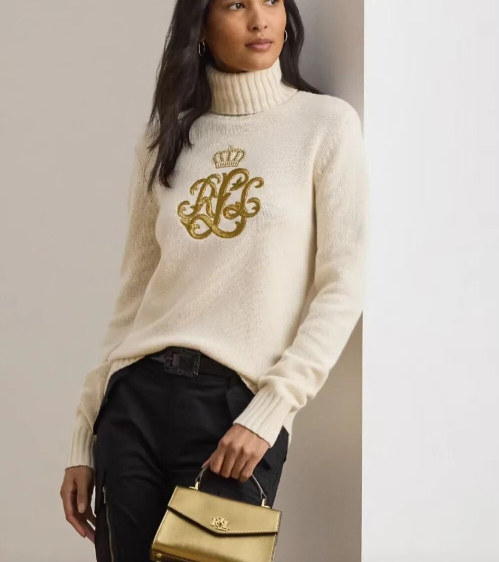 Ralph Lauren 刺繡logo 奶油白色樽領 針織 女款