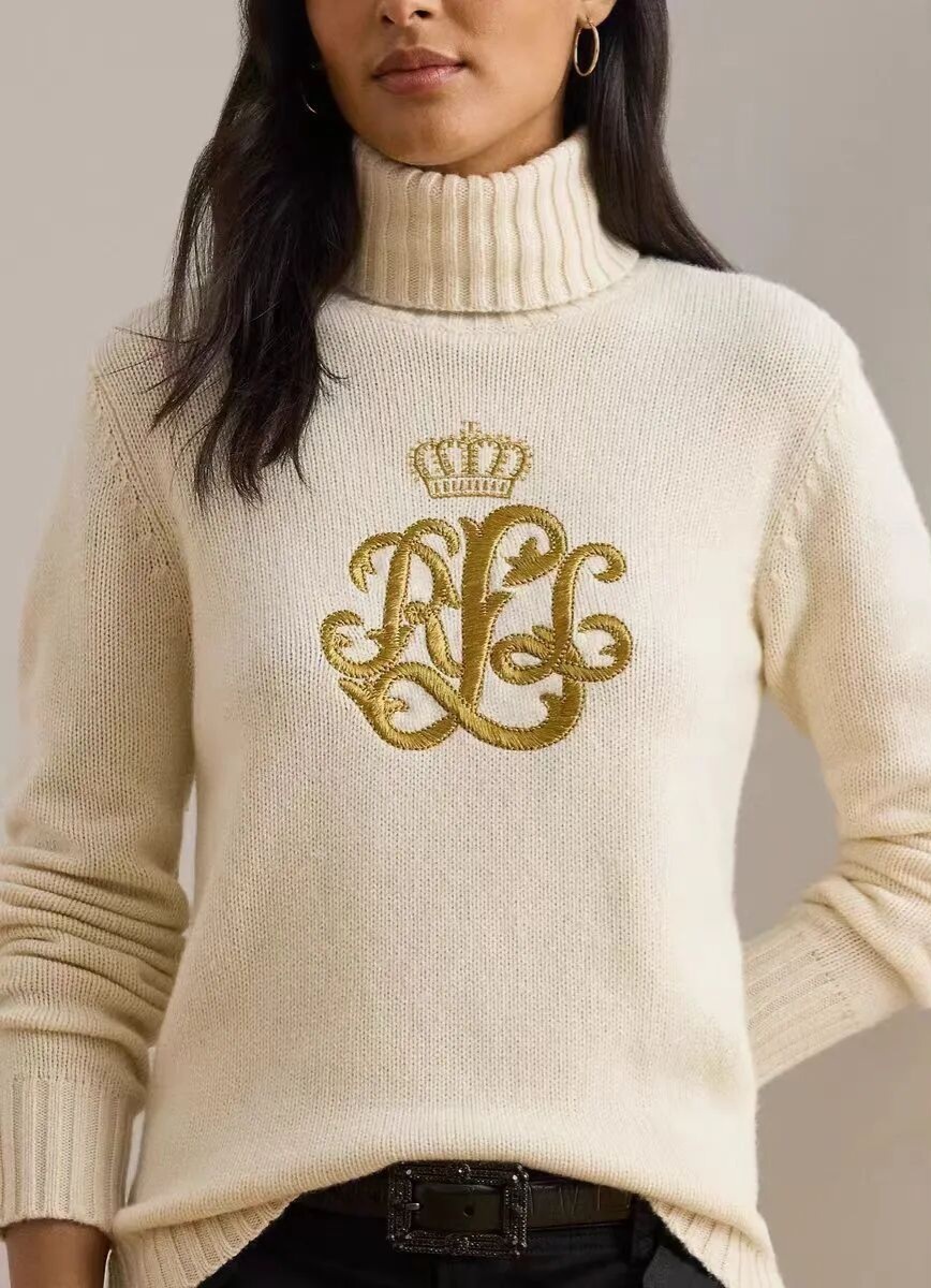 Ralph Lauren 刺繡logo 奶油白色樽領 針織 女款