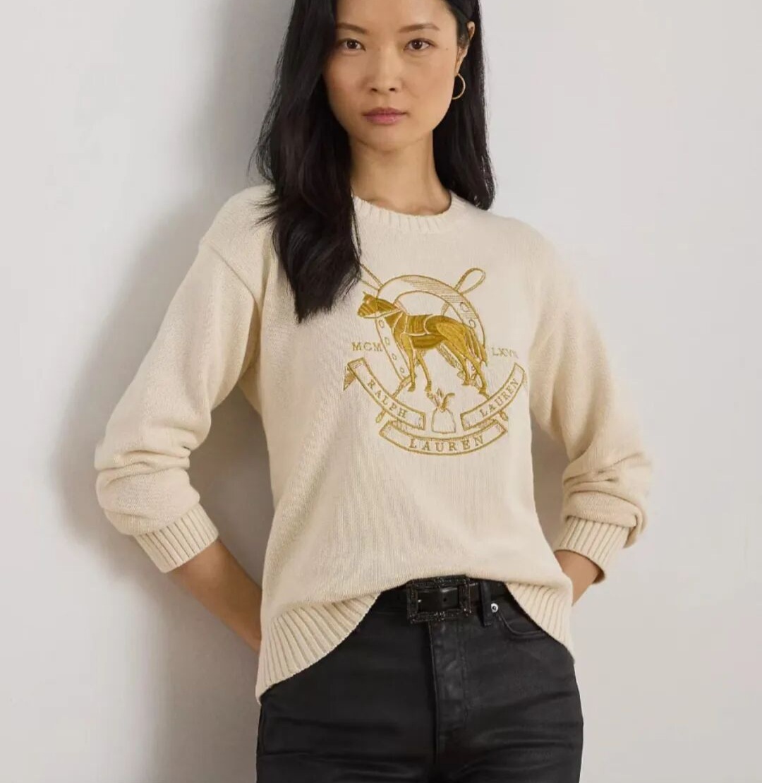Ralph Lauren 刺繡logo 奶油色 圓領 針織 女款
