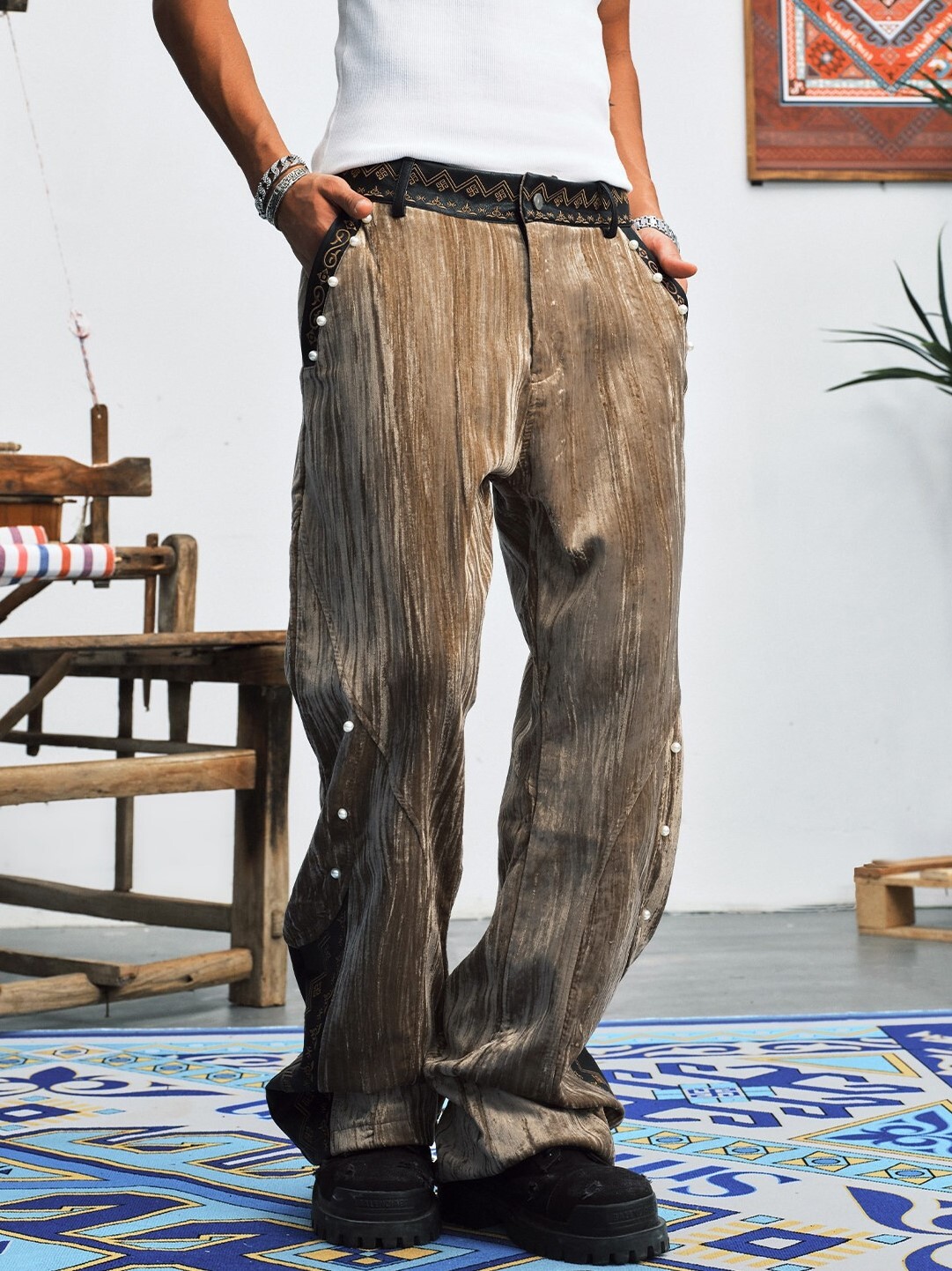 ASEN同款 STK SmallTownKid 西蘭解構 復古水洗 珍珠 拼接工裝長褲