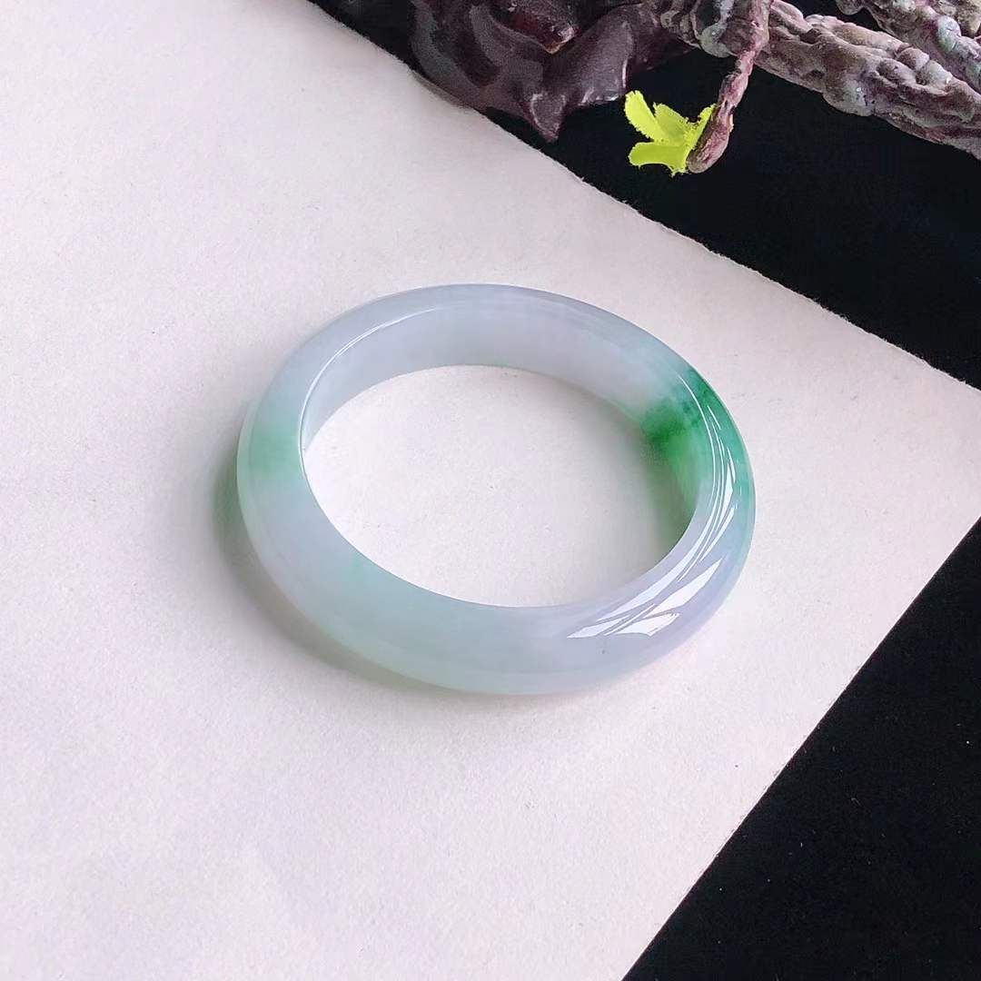 翡翠冰糯淡紫底飄綠正圈手鐲,天然翡翠A玉, 緬甸玉, Jade, Jadeite