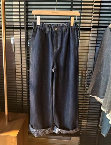 A56 518581 深藍色橡筋腰寬鬆牛仔長褲