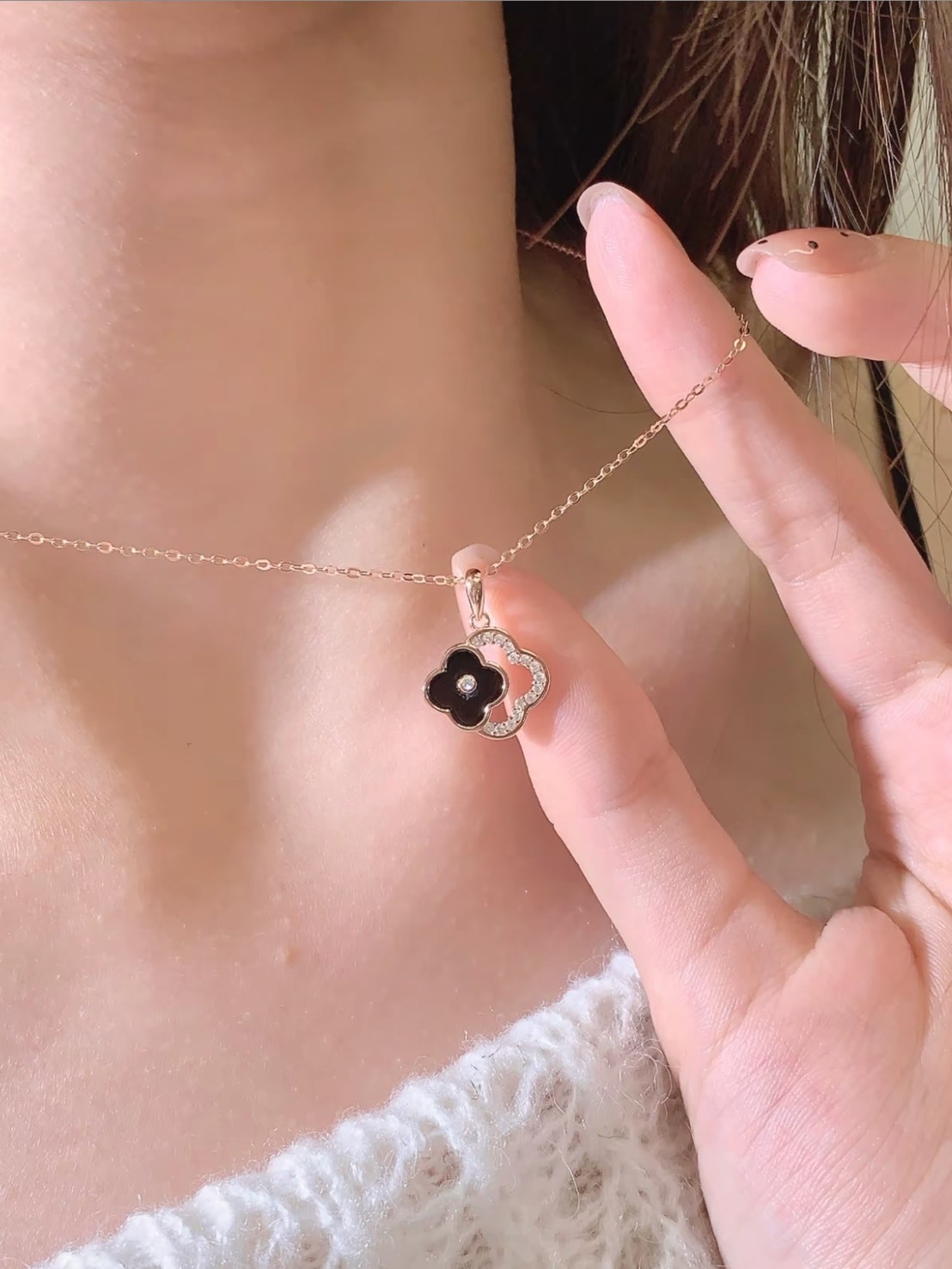 KADER 鏤空鑽 幸運草 黑瑪瑙 項鍊