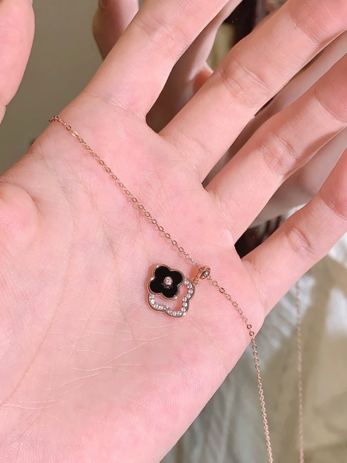 KADER 鏤空鑽 幸運草 黑瑪瑙 項鍊