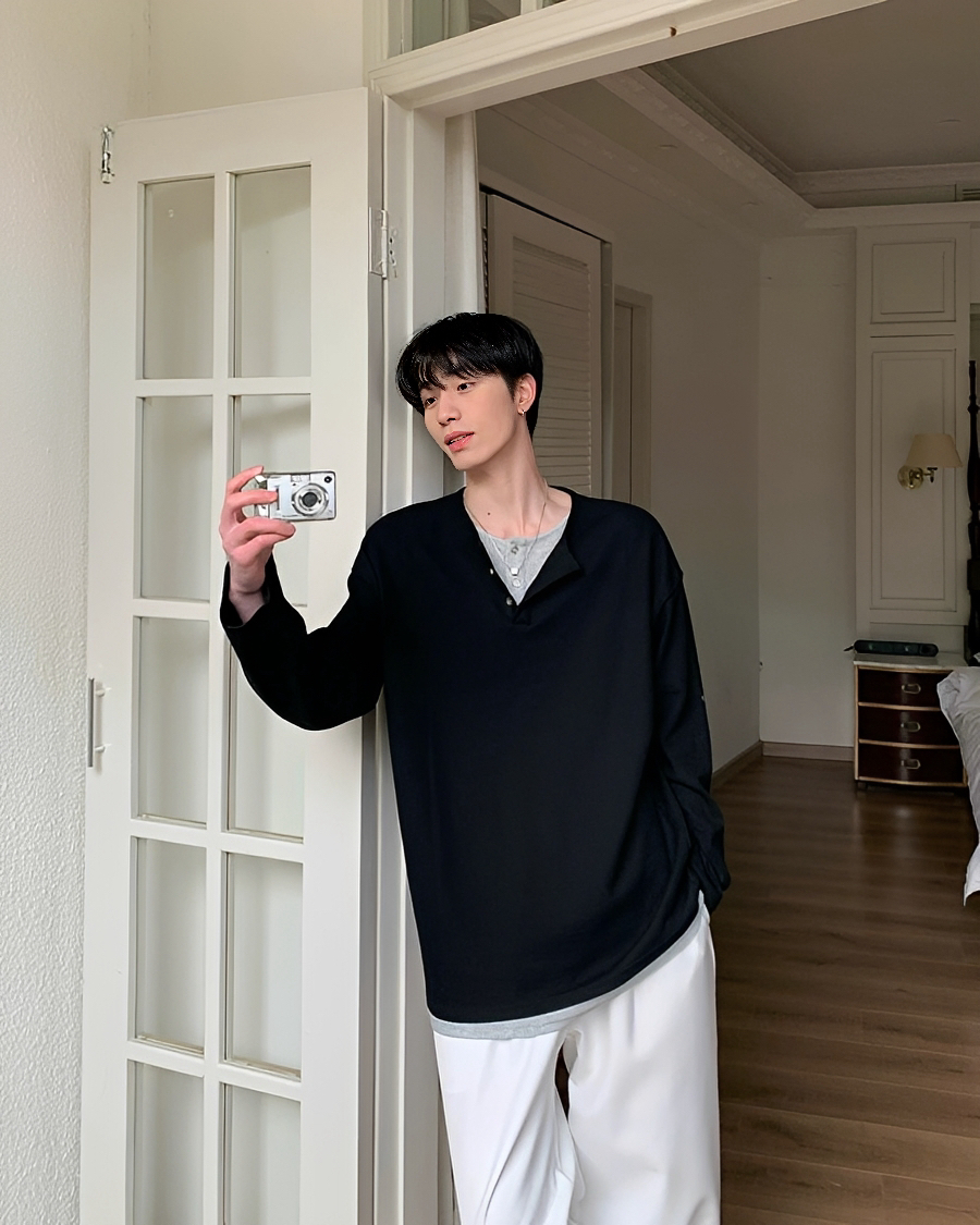 2色 復古 假兩件 亨利領 長袖