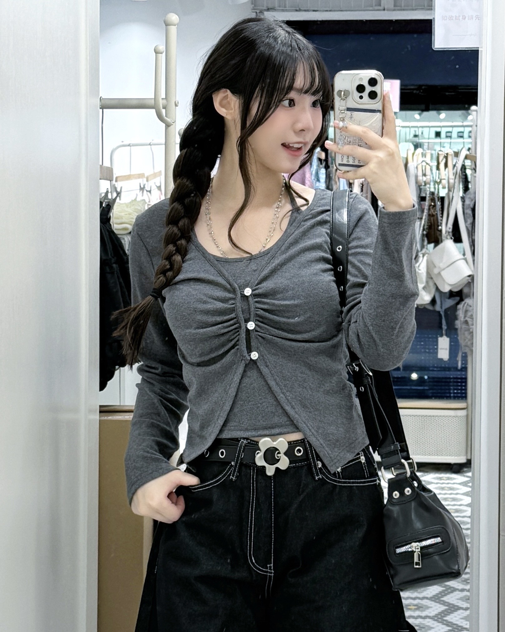 T1256｜ 簡約韓感 ✧˖°. 掛頸扣鈕假兩件長袖上衣 ⋆.˚🦋༘⋆