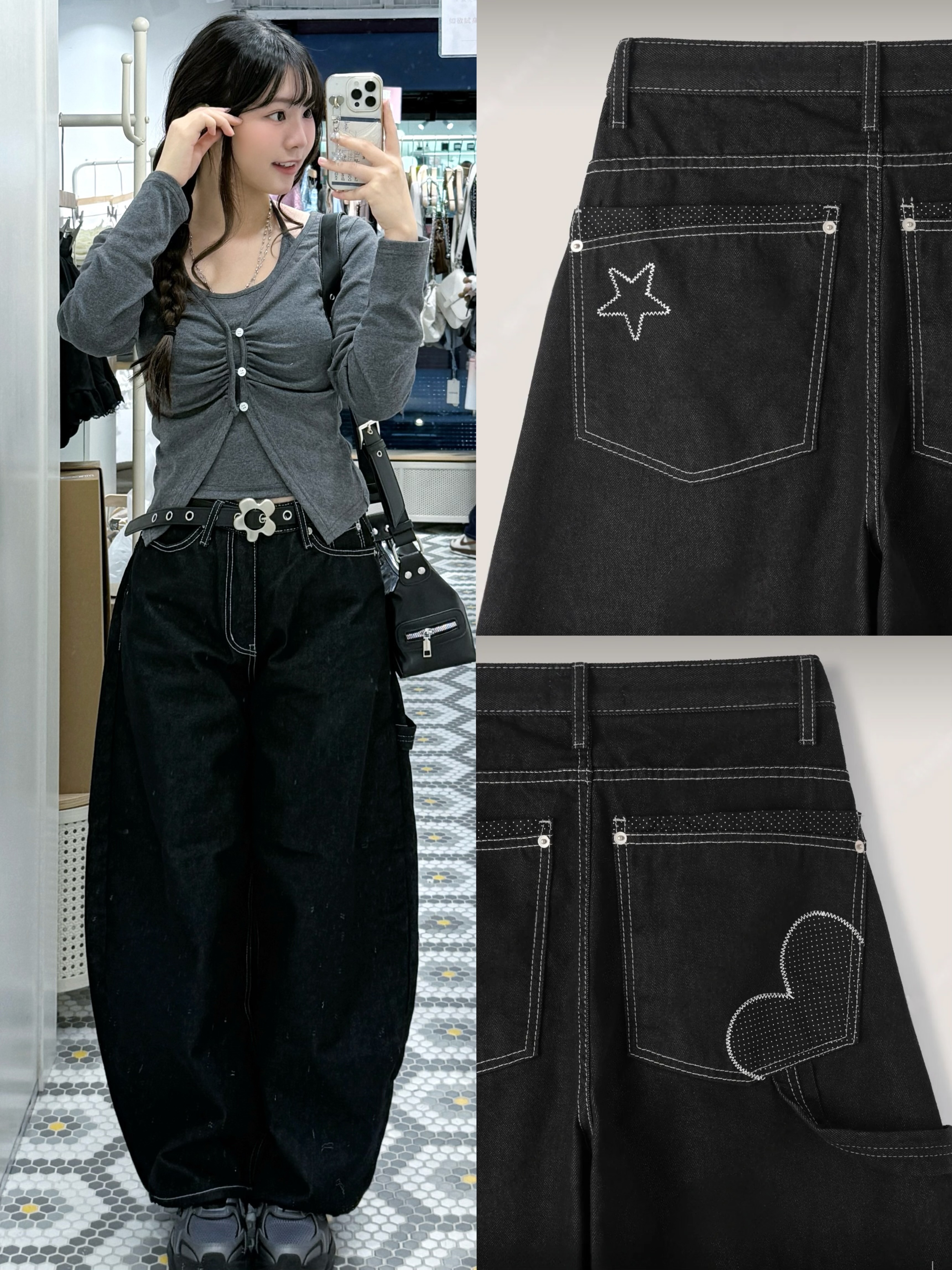 P0225｜韓國最新心心波點拼布彎刀褲⋆.˚✮🎧✮˚.⋆