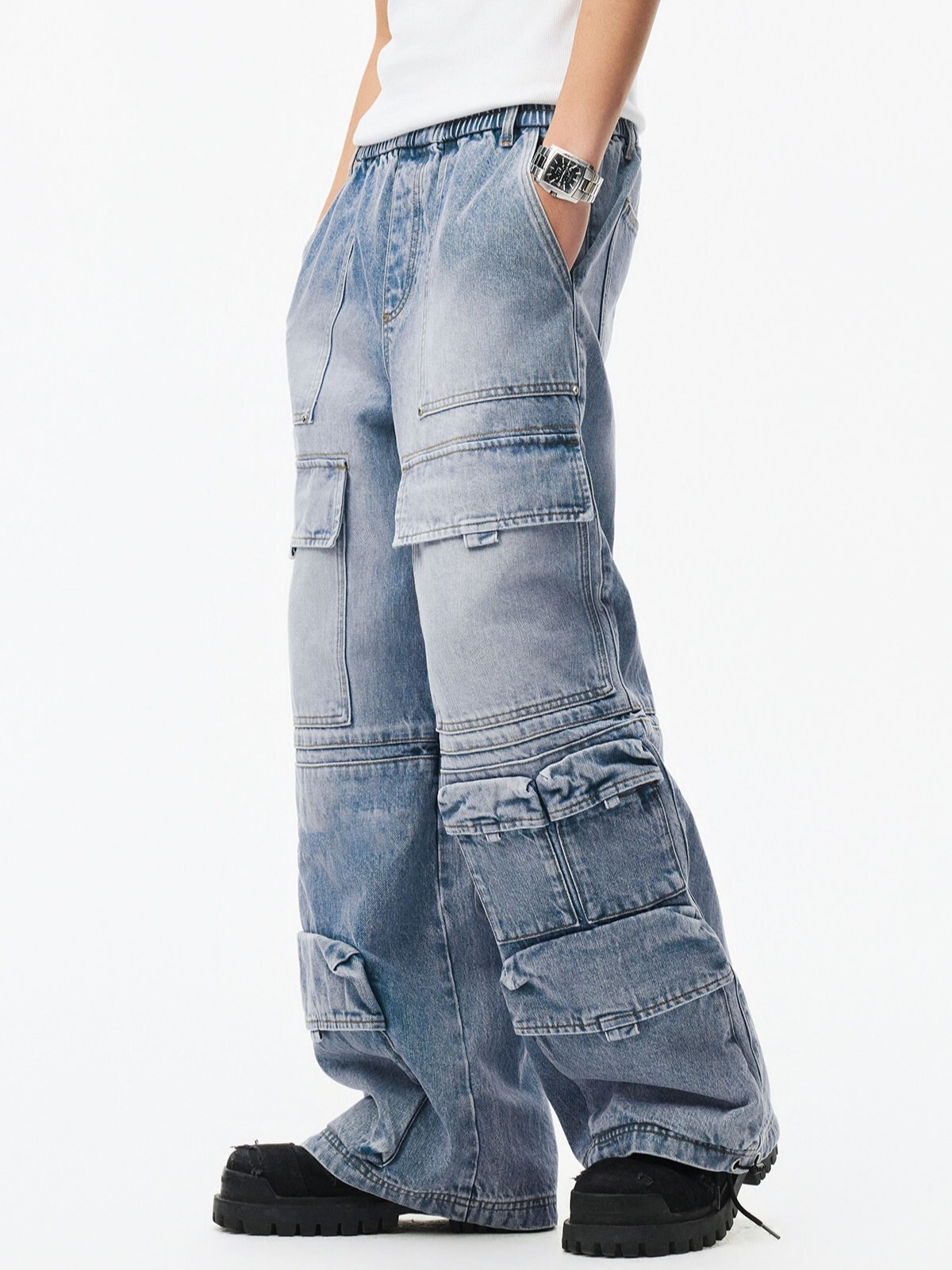 STK SmallTownKid 口袋刺繡Logo 工裝多口袋 褲腳抽繩 闊腿寬褲 長褲