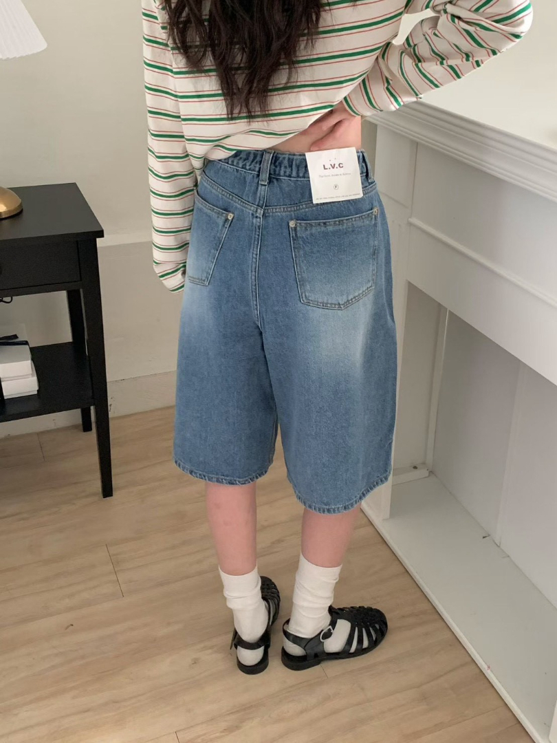 韓妞穿搭|遮肉＋比例＋設計感 ★高腰顯瘦寬版遮大腿五分牛仔短褲