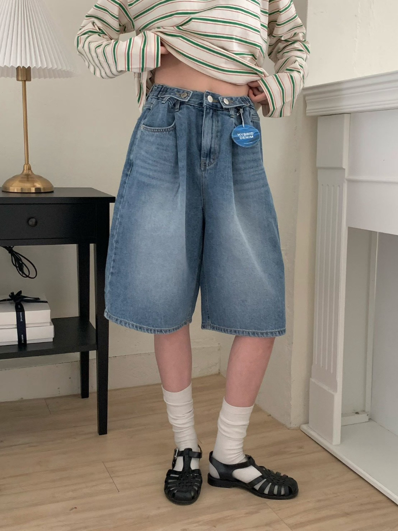 韓妞穿搭|遮肉＋比例＋設計感 ★高腰顯瘦寬版遮大腿五分牛仔短褲