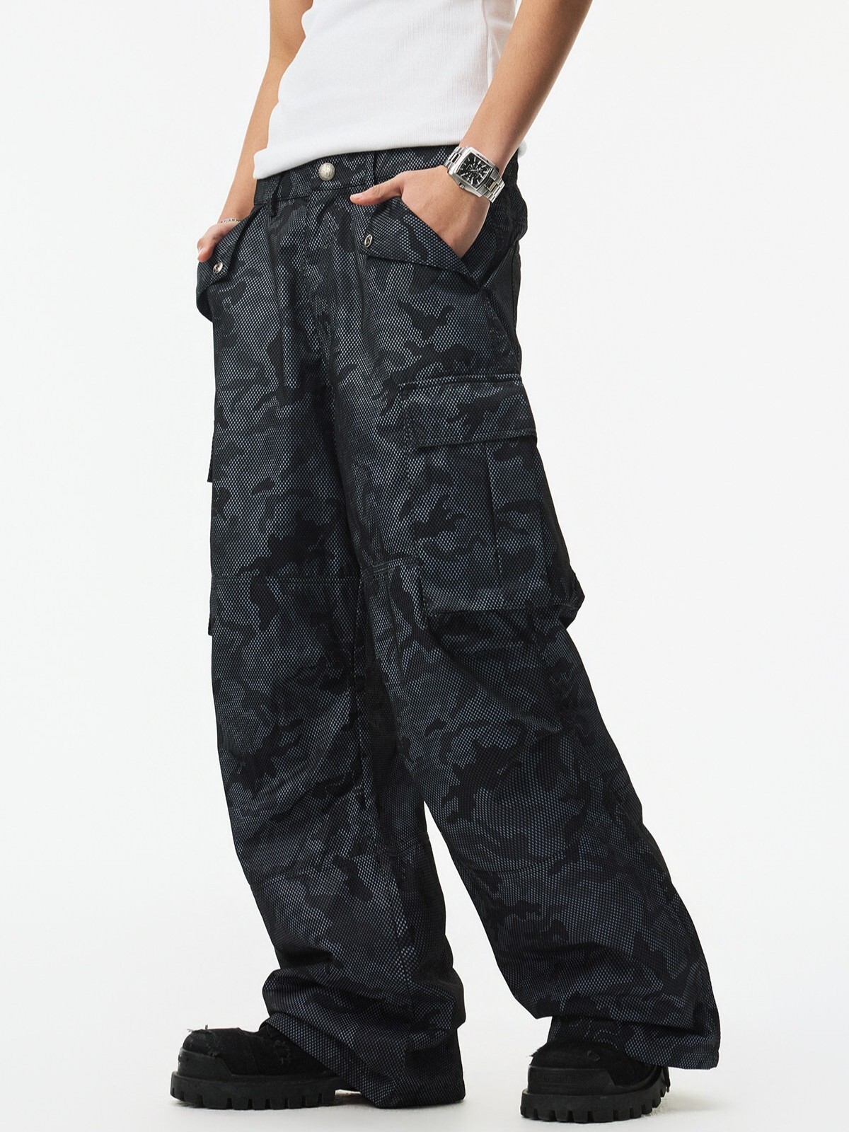 STK SmallTownKid 網眼迷彩 後口袋刺繡Logo 寬鬆直筒 工裝長褲