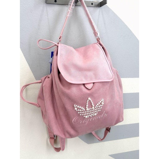 【Luxury】ADIDAS 超美櫻花粉 經典Logo 後背包 珍珠三葉草 Originals字母 手拿包 旅遊 外出 沙灘包 玫瑰乾燥粉 行李袋 旅行袋