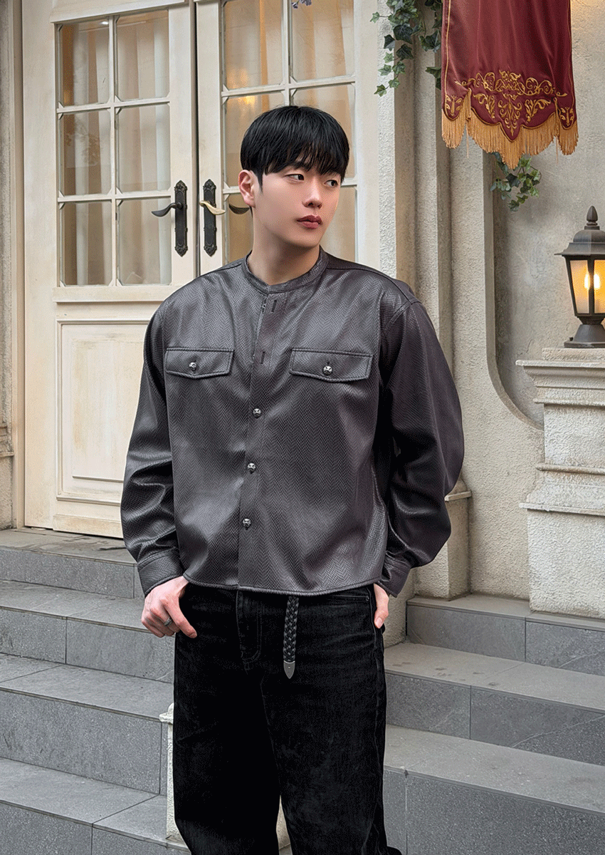 蟒蛇紋皮革短款襯衫夾克